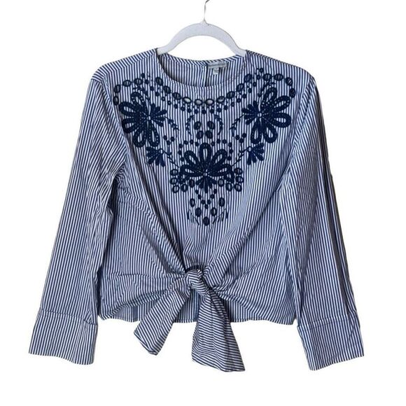 Paraphrase Embroidered Pinstripe Blouse Tie Front Cuffed Long Sleeve S - Picture 1 of 11
